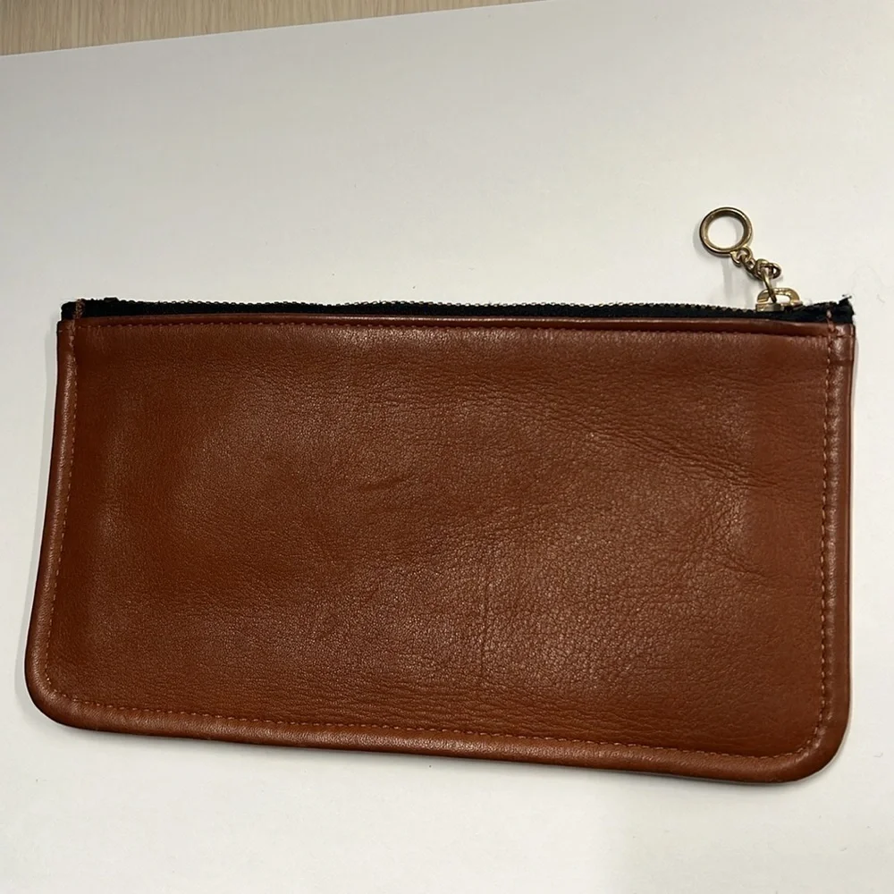 Coach British Tan Leather 7.25” x 3.75” Zip Top Stripe Cotton Lined Clutch Bag